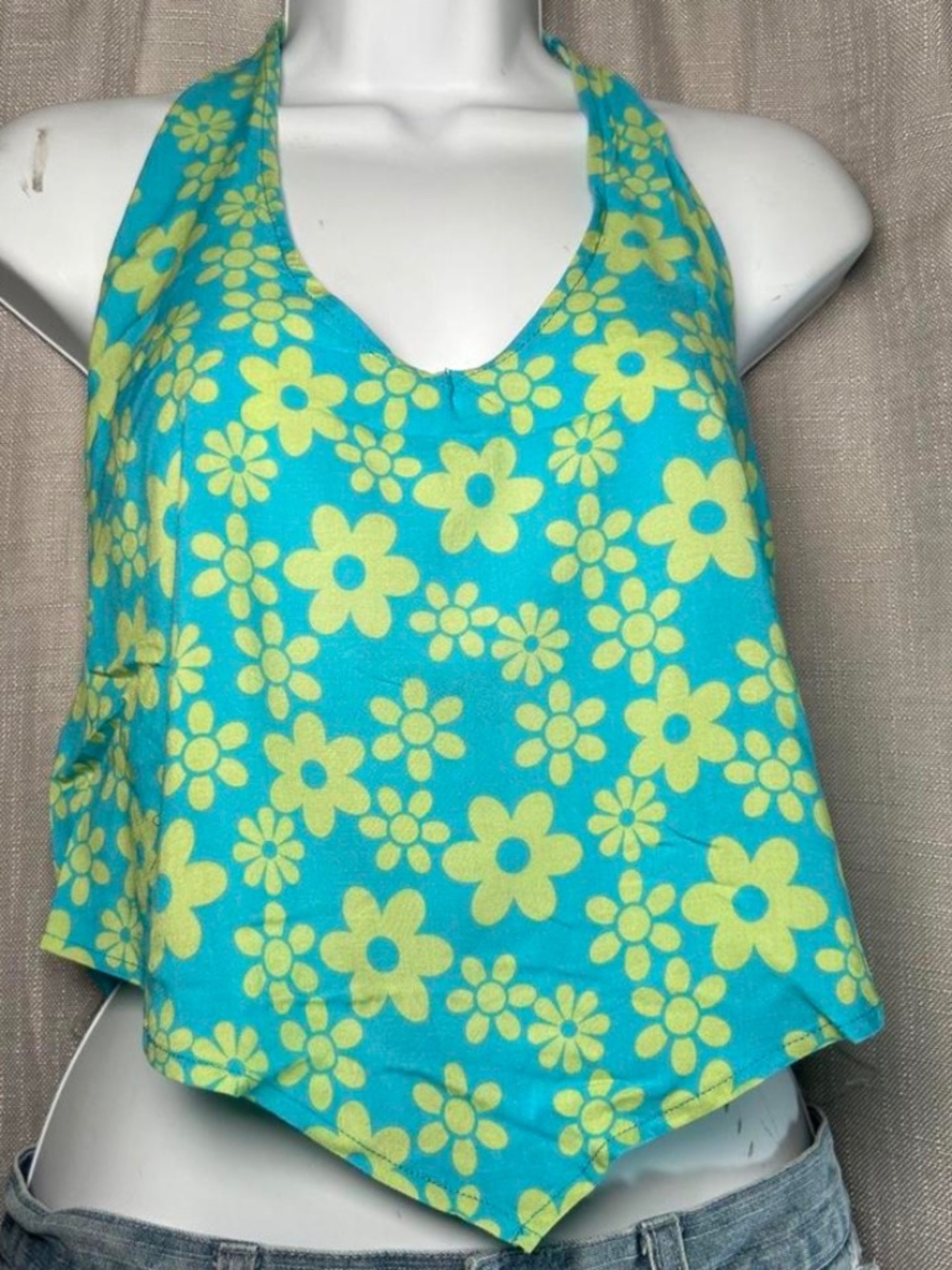 Self Esteem Halter Top x-Small Blue Green Floral Retro Y2K Summer